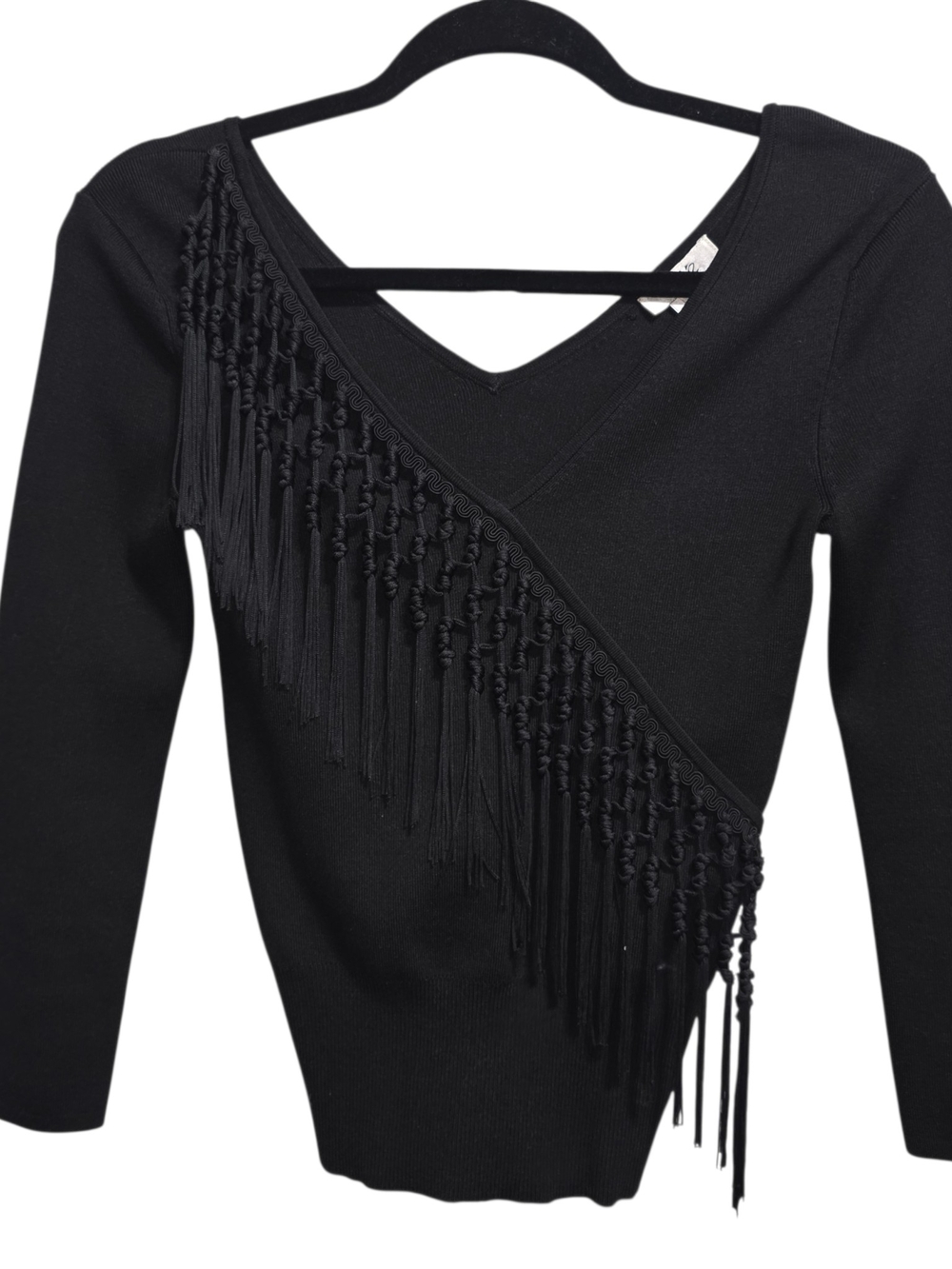 Cache Black Fringe Sweater Top Size S V-Neck Long Sleeve Stretch Knit Boho